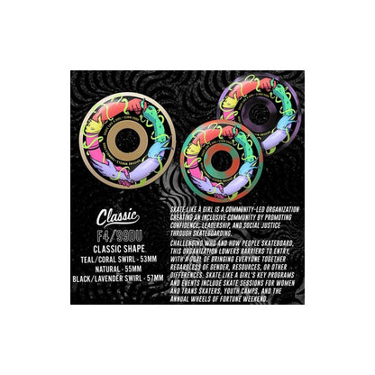 Spitfire X Skate Like A Girl Formula Four Classic Teal Coral 53mm 99Du Wheels